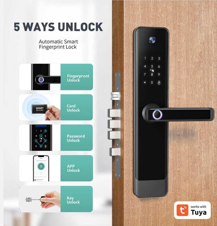 All-in-One Smart Door Lock – Tuya App Control, Fingerprint, RFID, Video Intercom Access - Image 3